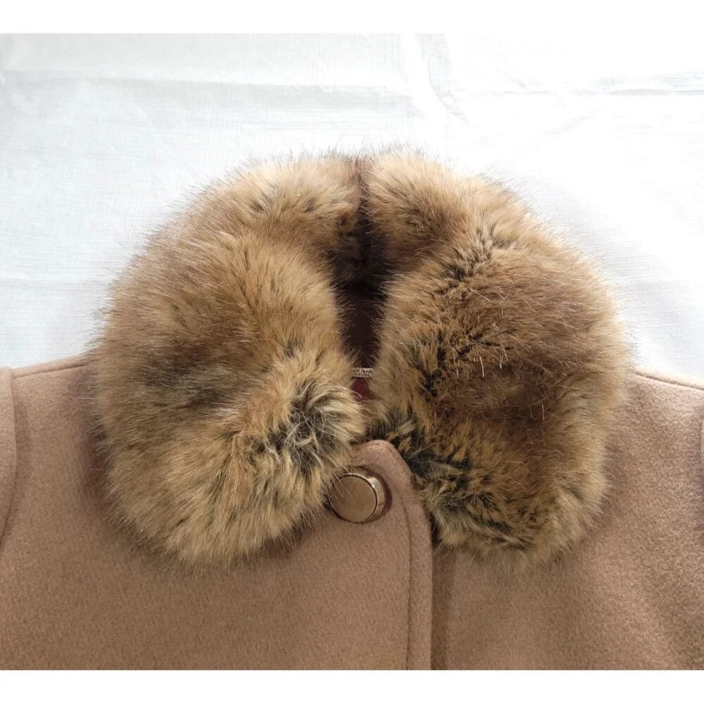 Faux Fur Wool Pea coat Kate Spade‎ XS Tan Pink Satin Lined Preppy mod chic